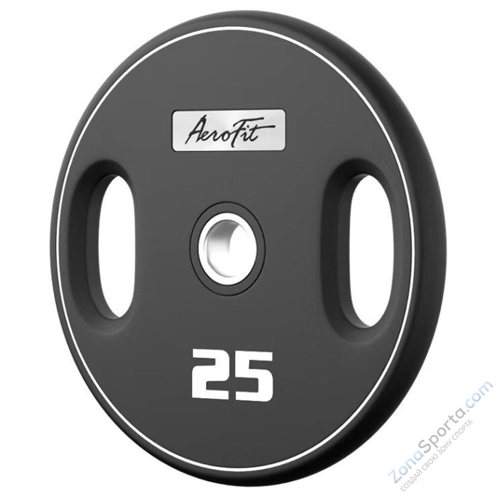 Олимпийский полиуретановый диск AeroFit 25 кг, черный, с 2-мя хватами